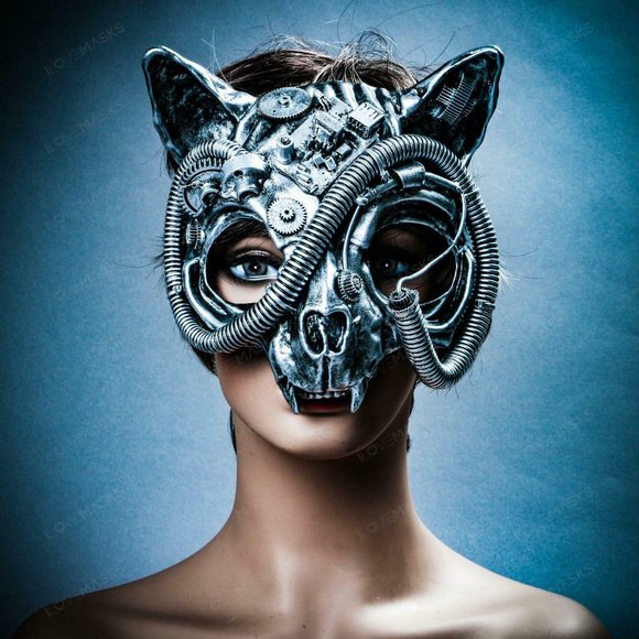 Silver Steampunk Vampire Skull Cat Face Party Mask - Picture 1 of 8